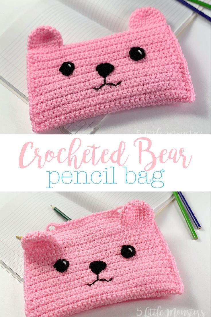 crocheted bear pencil bag made with pink yarn