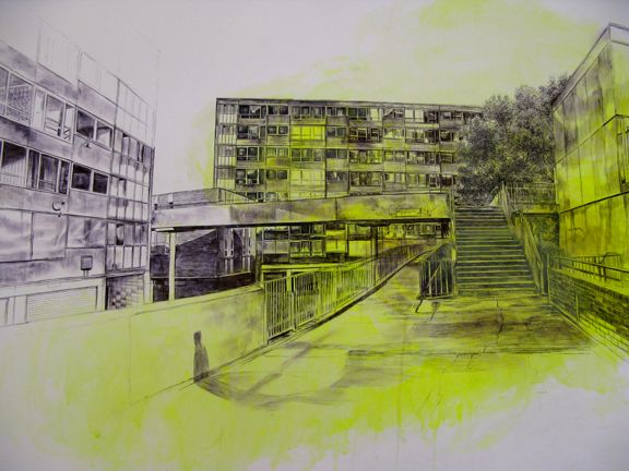 a drawing of some buildings and stairs in the city with green paint on it's walls