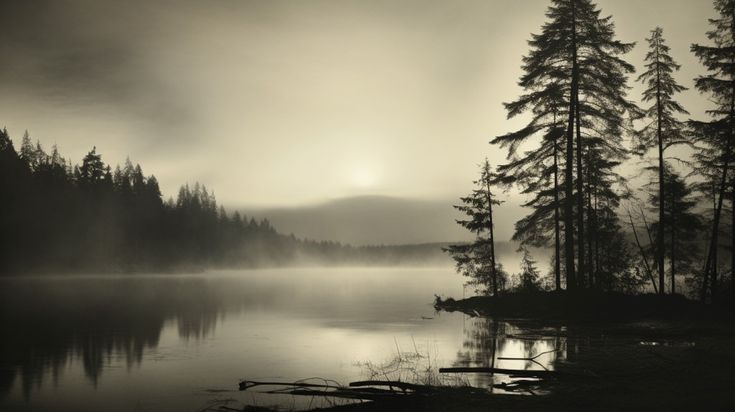 a foggy lake with trees in the foreground