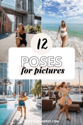 four photos with the words 12 poses for pictures in front of an ocean and cityscape