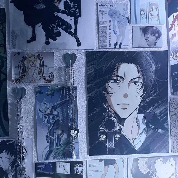 an assortment of anime character drawings on a wall