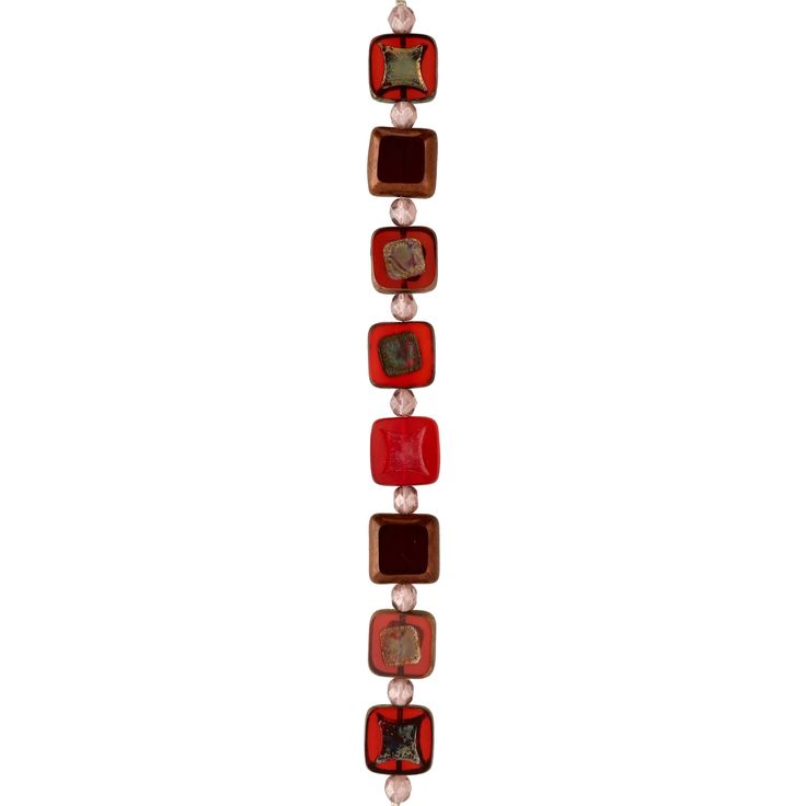 a red and brown beaded necklace with glass squares on the end, hanging from a chain