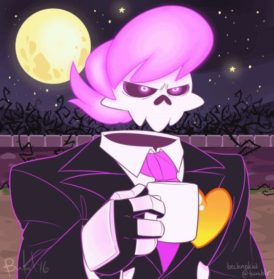 a skeleton dressed in a suit and tie holding a coffee cup with the moon behind it