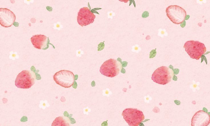 a pink background with strawberries and daisies