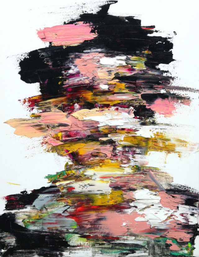 an abstract painting with black, pink and yellow colors on white paper that looks like paint