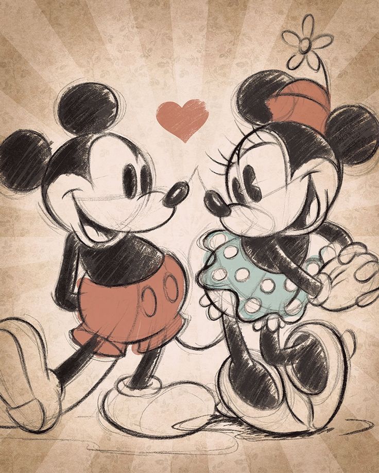 two mickey and minnie mouses are standing next to each other with a heart in the background