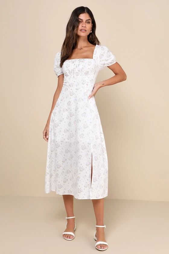 White Floral Dress - Puff Sleeve Dress - Empire Waist Midi Dress - Lulus Baptism Outfit Women, Empire Waist Dress Casual, Engagement Photo Dresses, Empire Waist Midi Dress, Confirmation Dresses, Engagement Photo Dress, Rehearsal Dinner Outfits, Engagement Party Dresses, Elegant Casual Dress