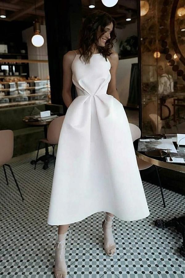 PM099,Unique Tea Length Satin Party Dress, Spaghetti Straps Backless P – prommirror Ivory Prom Dresses, Tea Length Prom Dress, Satin Homecoming Dress, Wedding Dress With Pockets, Spaghetti Strap Prom Dress, Prom Dresses With Pockets, White Prom Dress, Short Prom Dress, Party Gowns