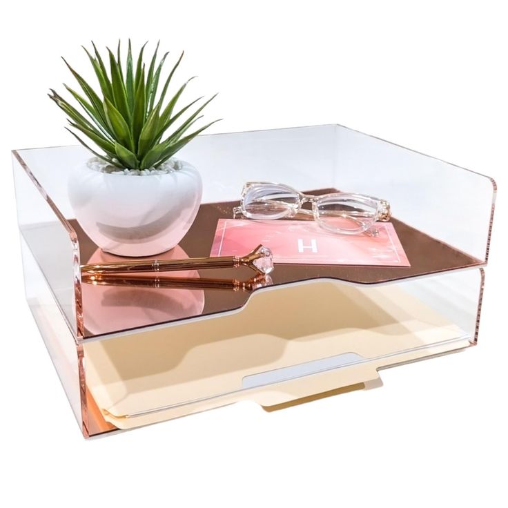 a clear desk with a plant and glasses on it