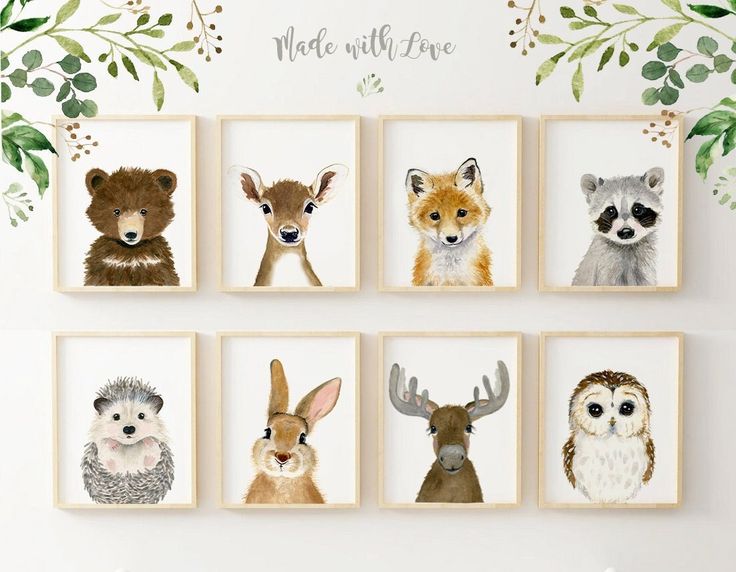 there are many different animals on the wall in this nursery art printables set