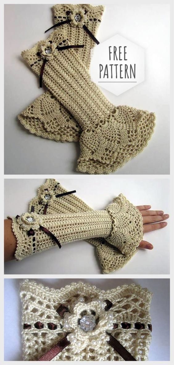 crocheted gloves with buttons are shown in three different pictures and the text, free pattern
