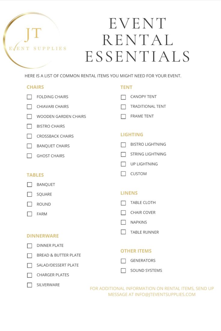 the event rental checklist is shown in gold and white