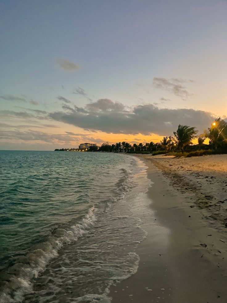 the sun is setting on an empty beach with waves coming in from the water and palm trees lining the shoreline