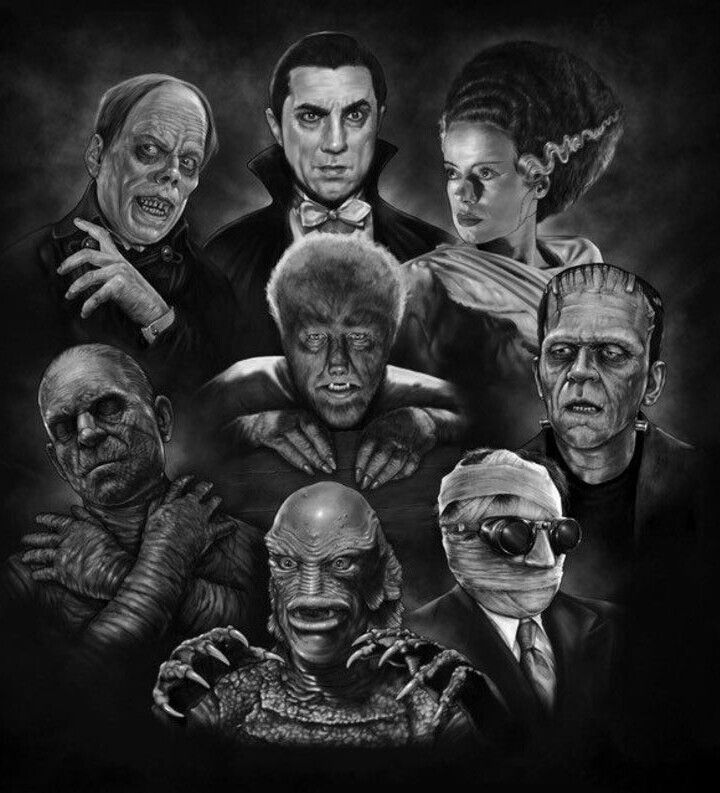 the poster for monsters, which is featured in black and white with an image of people dressed
