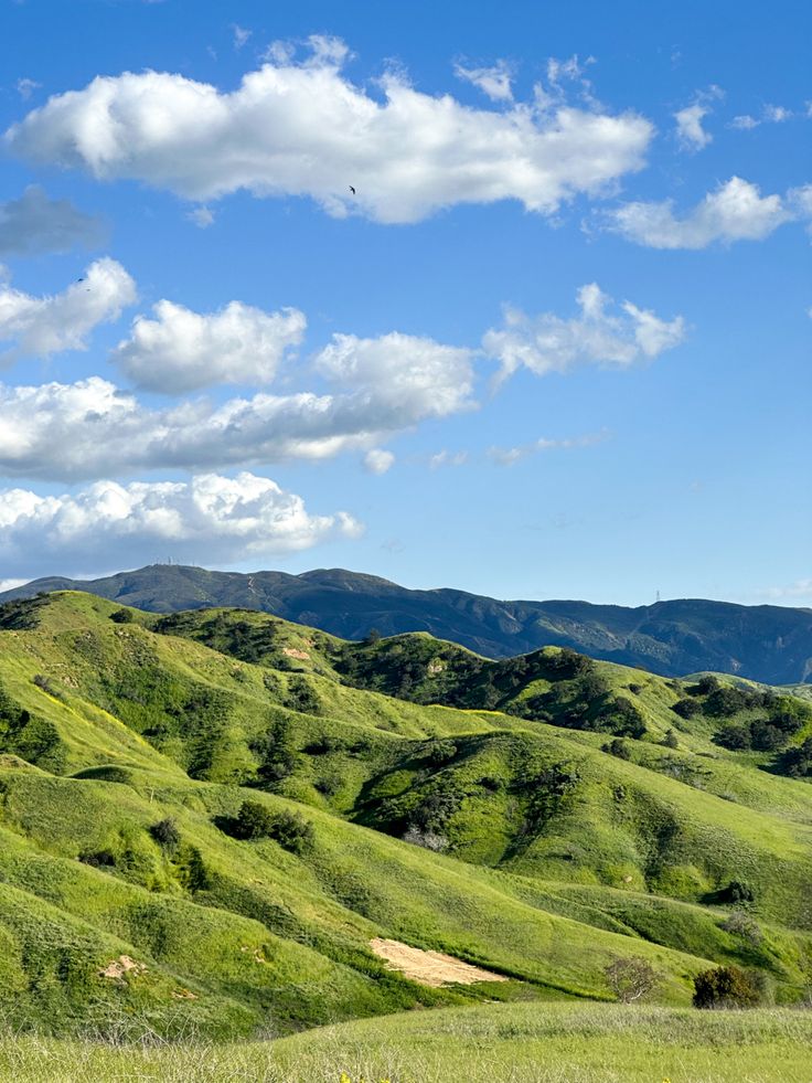 the rolling hills are covered in green grass and blue skies with white clouds above them