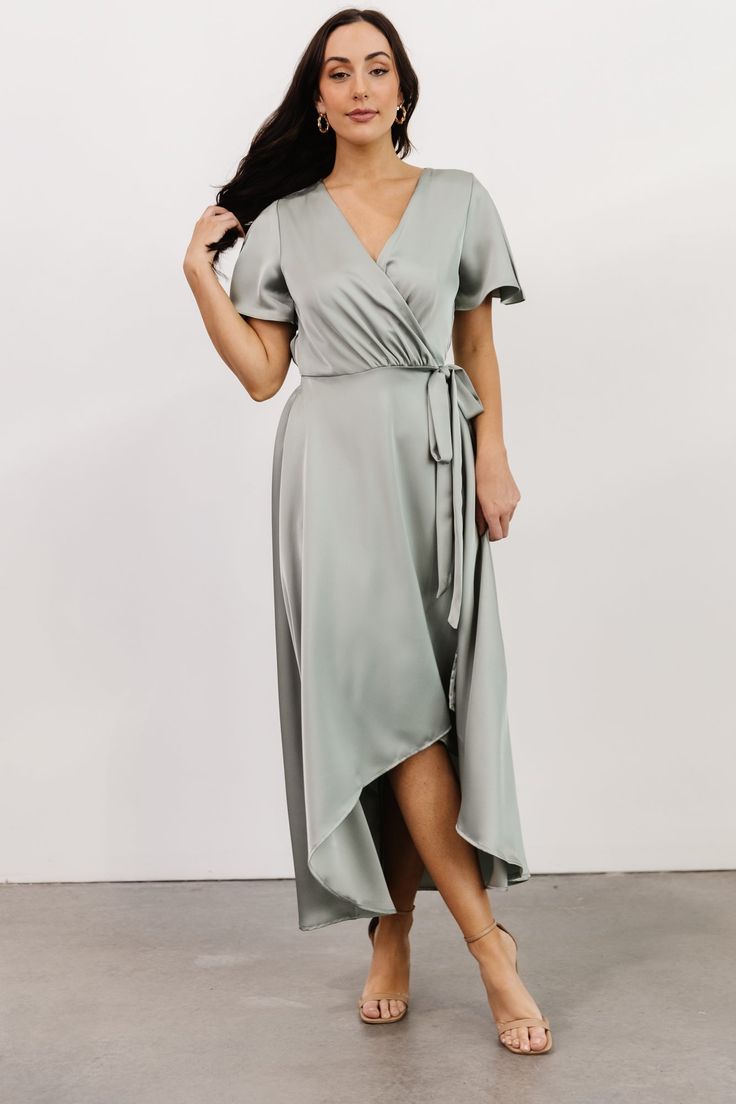 Alba Wrap Midi Dress | Sage - Baltic Born Maxi Skirt Outfits, Satin Dress Outfit Casual, Satin Frocks, Satin Dress Outfit, 34c Size, Casual Wrap Dress, Dolly Fashion, Latest Dress For Women, Dress Sage