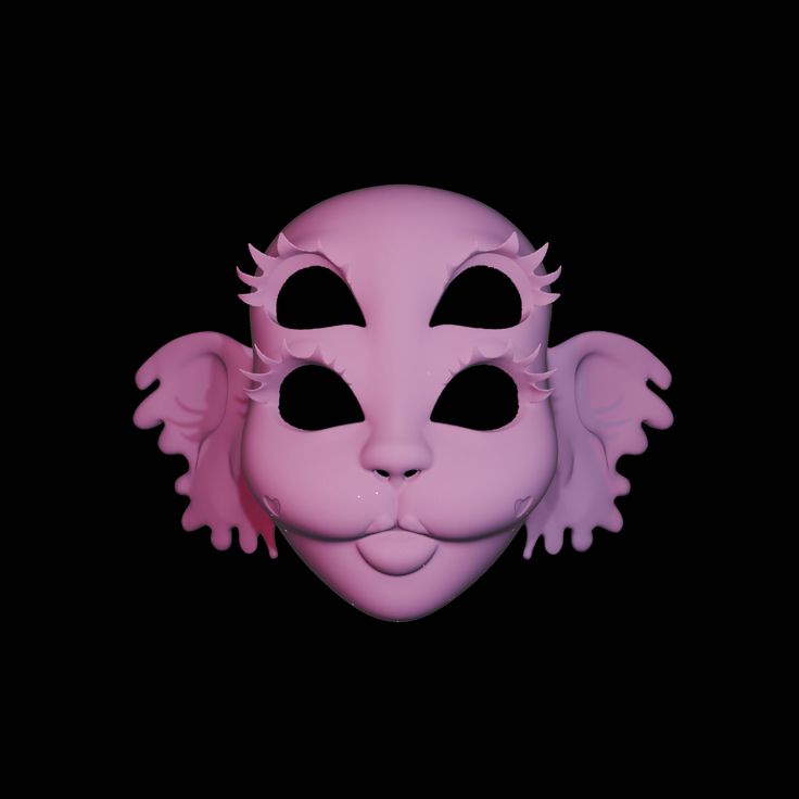 a pink mask with angel wings on it's face and eyes, against a black background