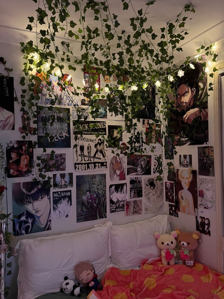 a bedroom with ivy growing on the wall and stuffed animals in bed next to it