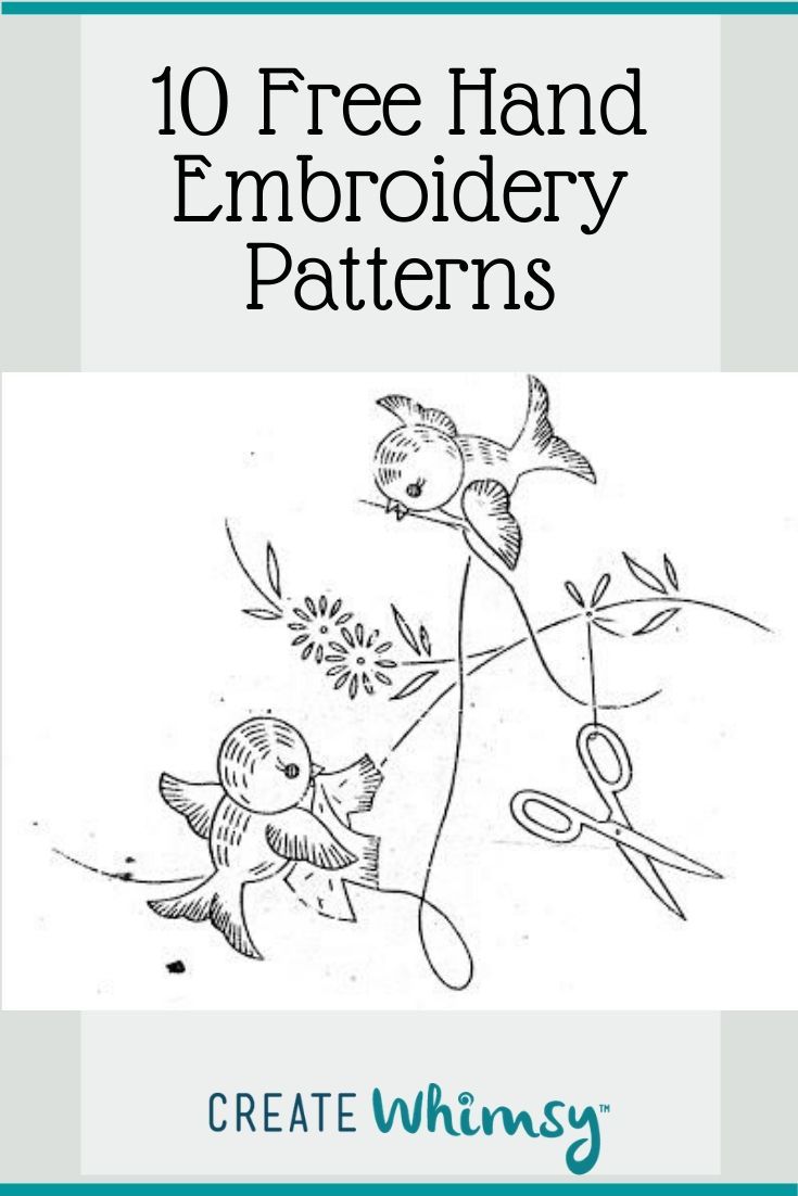 the front cover of 10 free hand embroidery patterns, with scissors and flowers on it