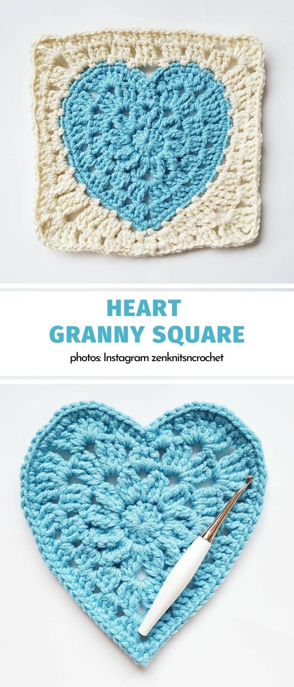 crochet heart granny square is shown in blue and white with the words, heart granny