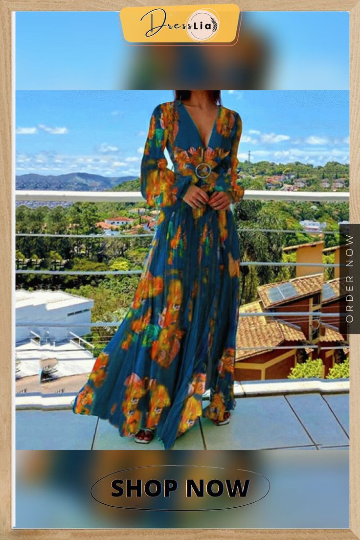 Sexy V-neck Split Boho Holiday Long Dress Spring Autumn Casual Long Sleeve Pleated Dress Elegant Vintage Printed Chiffon Dresses Women's A Line Dresses, Boho Long Dress, Bohemian Dress Long Sleeve, Floral Print Party Dress, Chiffon Party Dress, Print Chiffon Dress, Boho Dresses Long, Womens Long Dresses, Fitted Maxi Dress