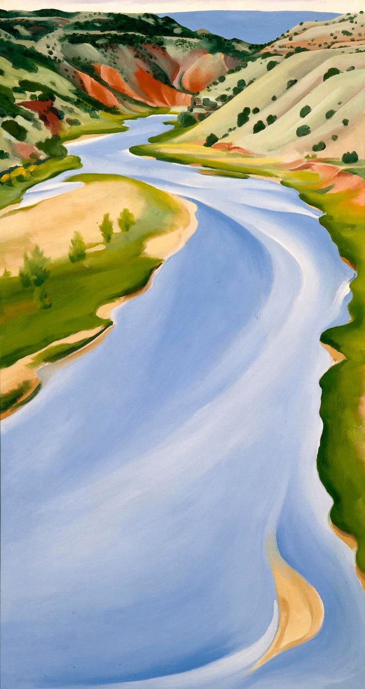 an oil painting of a river running through a green valley with hills in the background