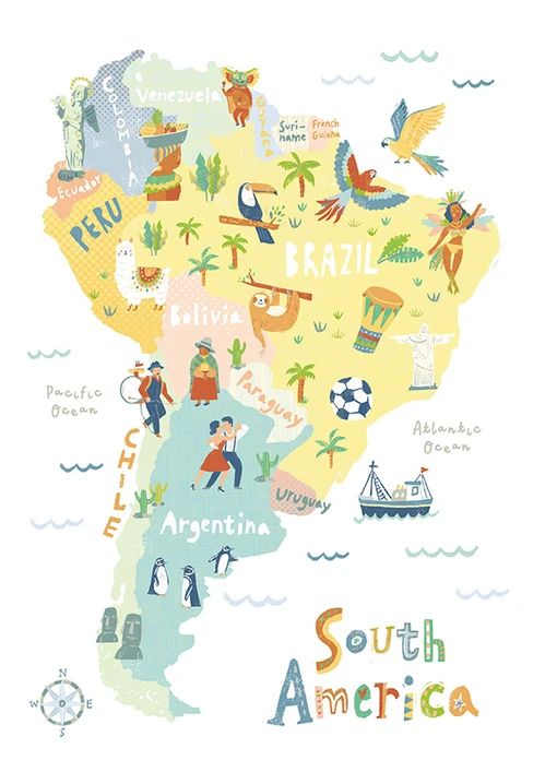 an illustrated map of south america with all the states and their major cities on it