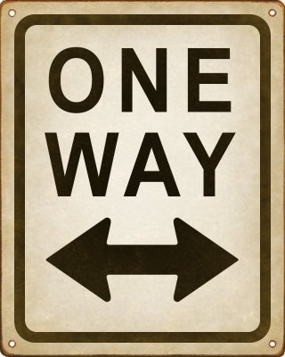 a one way sign with an arrow pointing to the right on a white and brown background