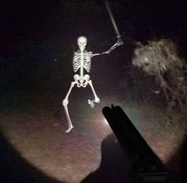 a skeleton is shown in the dark with its arms spread out and it appears to be pointing