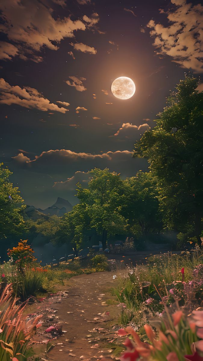 the full moon shines brightly in the sky above a path through flowers and trees