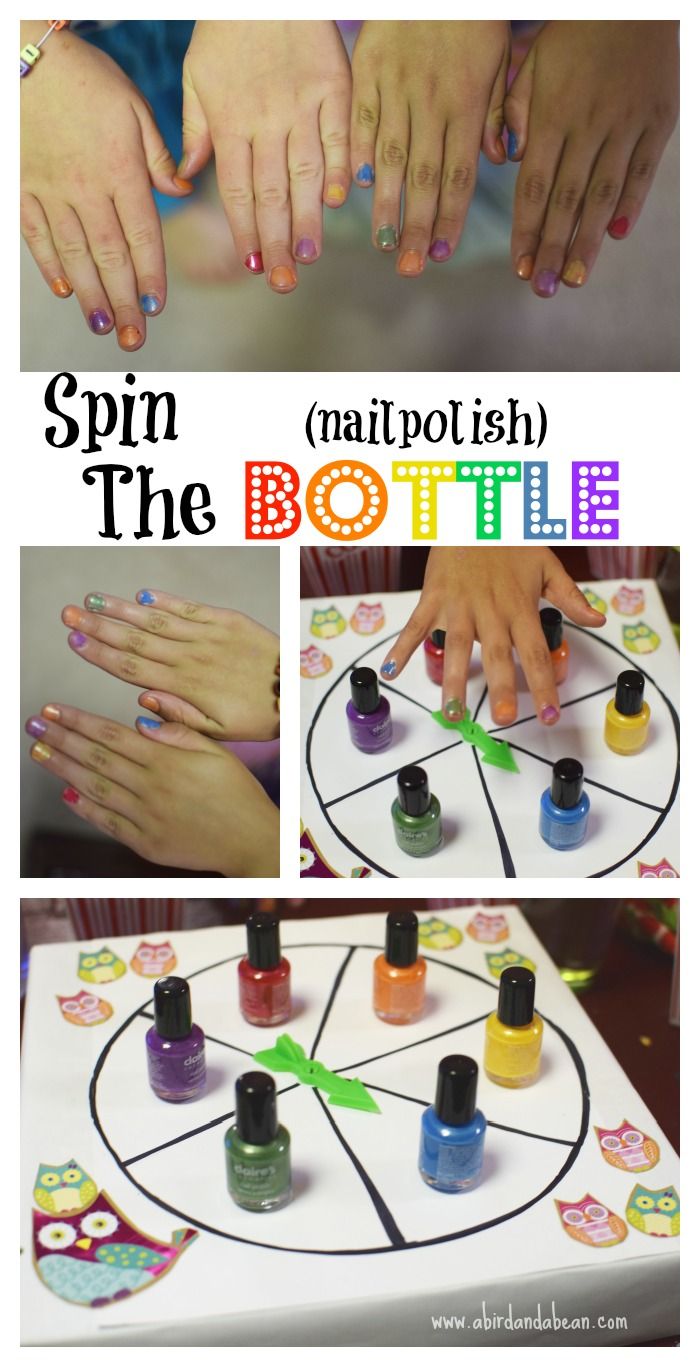hands with manies and nail polish sitting on top of a table in front of the words spin the bottle