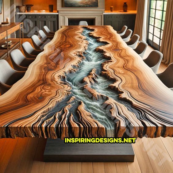 the table is made out of wood and has a river running through it