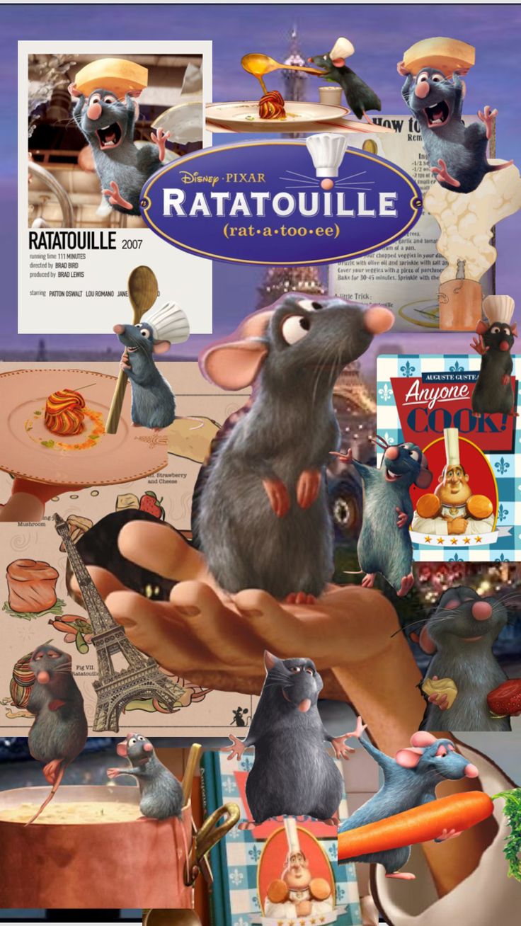 the ratatoulie movie poster is shown in this collage with many different characters