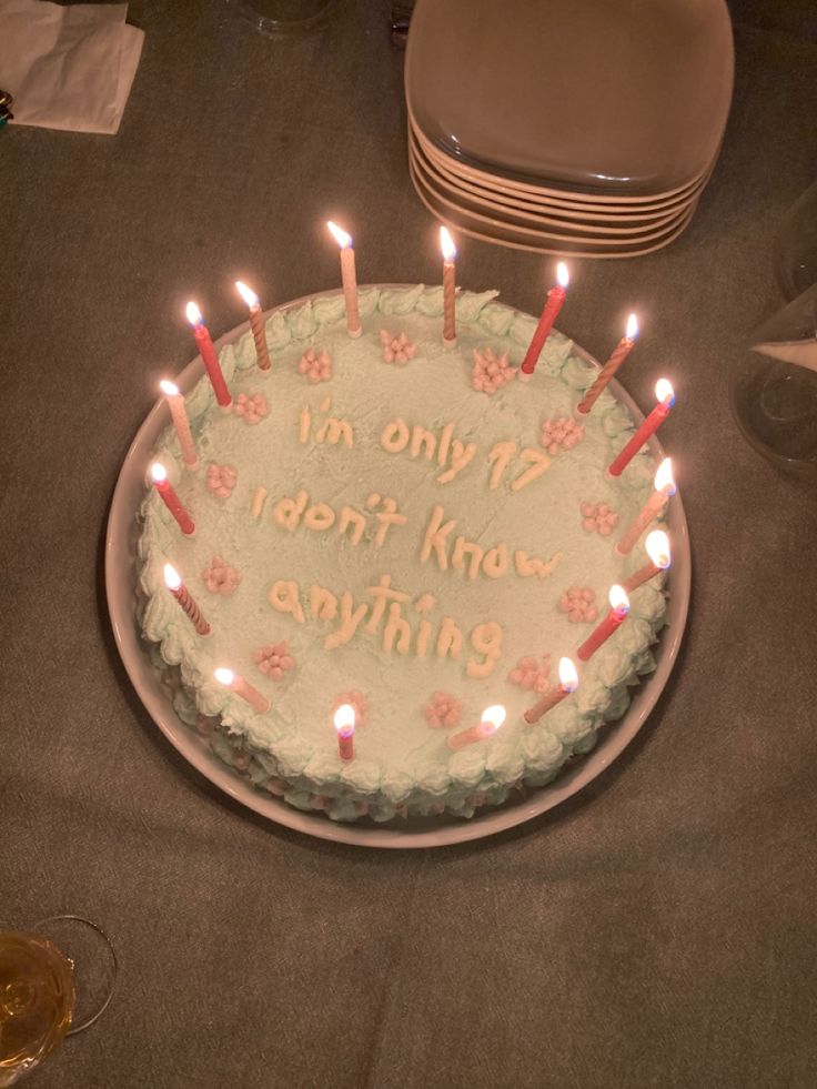 a birthday cake with lit candles that says i'm only 17 i don't know anything
