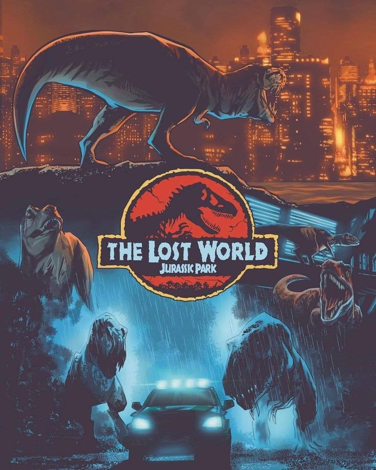 the lost world movie poster with dinosaurs and cars in front of a cityscape