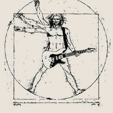 a black and white drawing of a man with a guitar in front of his body