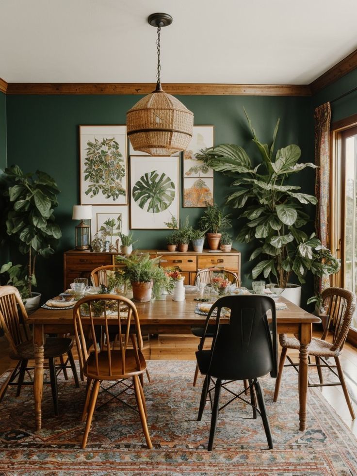 a dining room with green walls and plants on the wall, wooden table surrounded by chairs