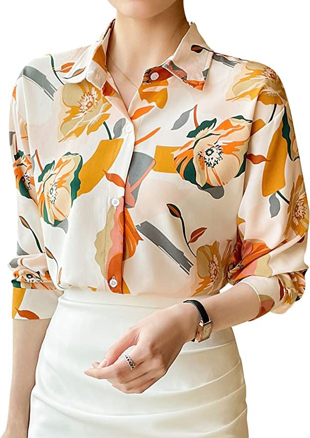 Women's Summer Elegant Collared Neck Allover Print Button-Up Longline Blouse Casual New Season Tops at Amazon Women’s Clothing store Women Blouses Fashion Classy, Women Blouses Fashion Casual, Shirt Blouse Designs, Floral Blouse Designs, Women Shirt Designs, Top Designs For Women, Turtleneck Fashion, Summer Tops Women Casual, Classy Blouses