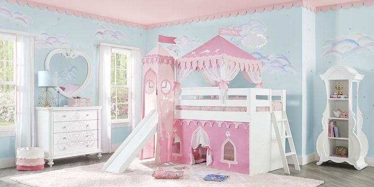 Kids Bunk Bed Bedroom Sets Princess Beds, Elevated Bed Frame, Princess Bunk Beds, Boys Loft Beds, Storage Steps, White Loft Bed, Princess Furniture, Loft Bed With Slide, Pink Tent