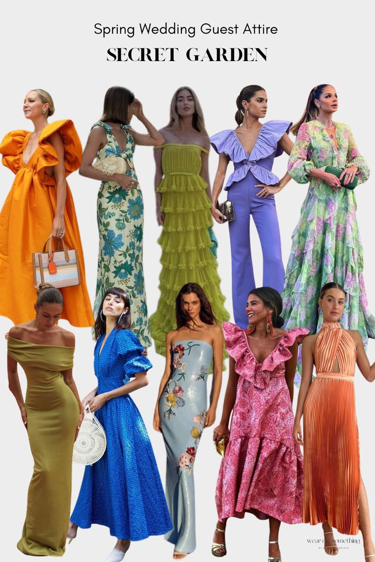 several women in different colored dresses with the words, spring wedding guest attire secret garden