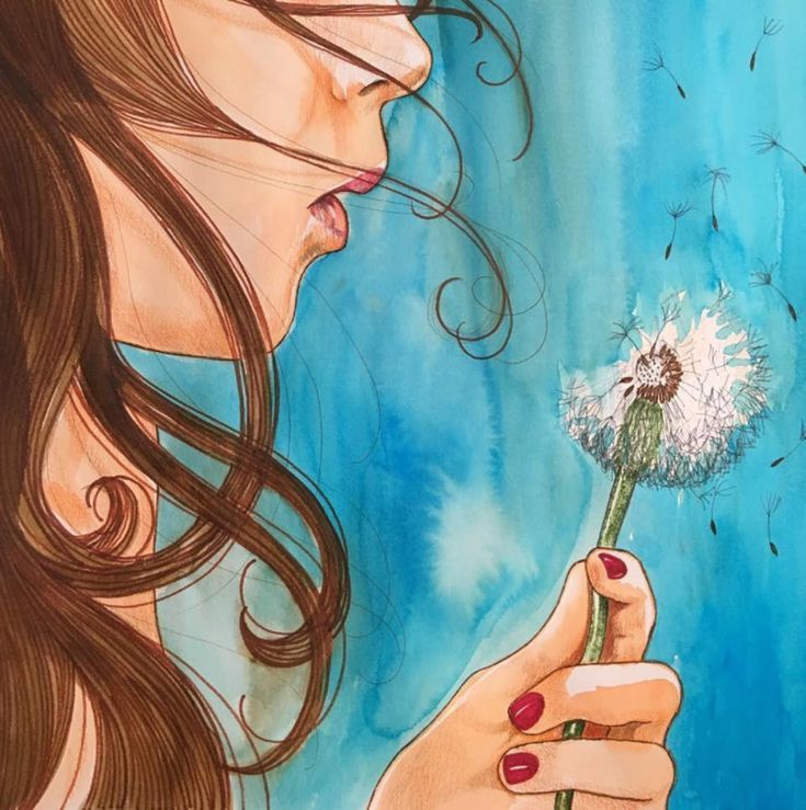 a painting of a woman blowing on a dandelion