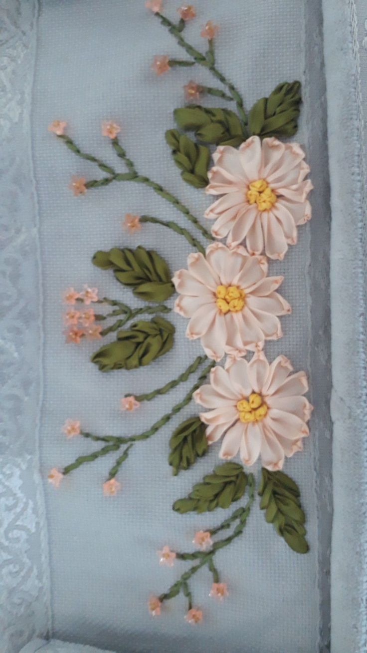 a blue box with pink flowers and green leaves on the inside is decorated with white lace