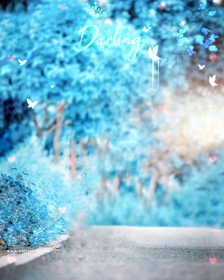 a blurry image of blue trees with the words dazzling written on one side and butterflies flying in the air