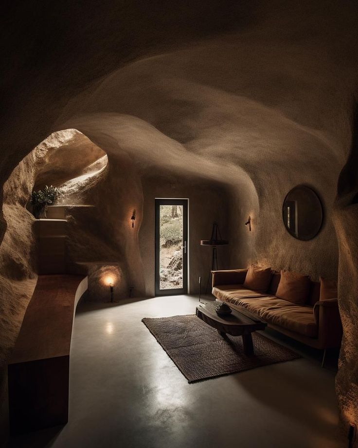 a living room filled with furniture next to a stone wall covered in rocks and lights