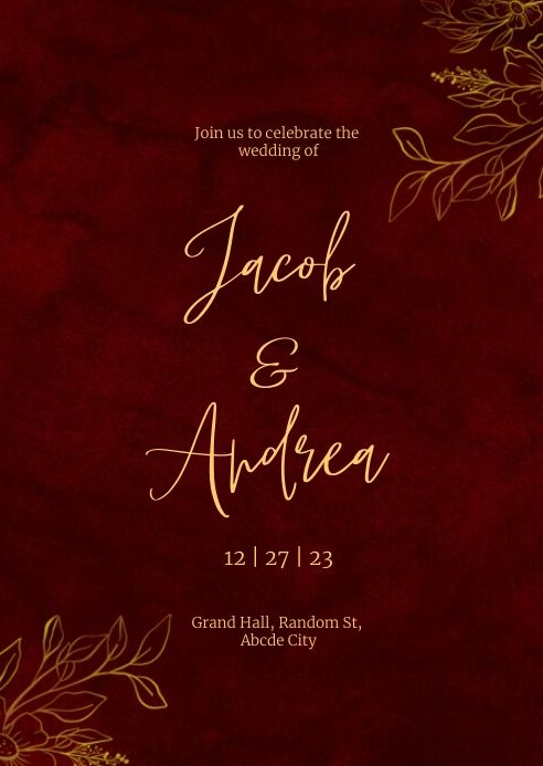 an elegant wedding card with gold foil flowers on red paper and the words,'jacob & ahea '
