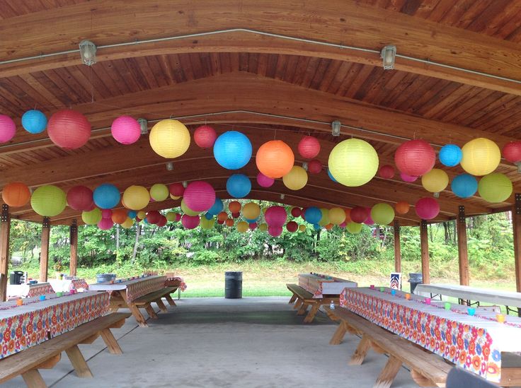 many paper lanterns hanging from the roof of a covered picnic area with benches and tables