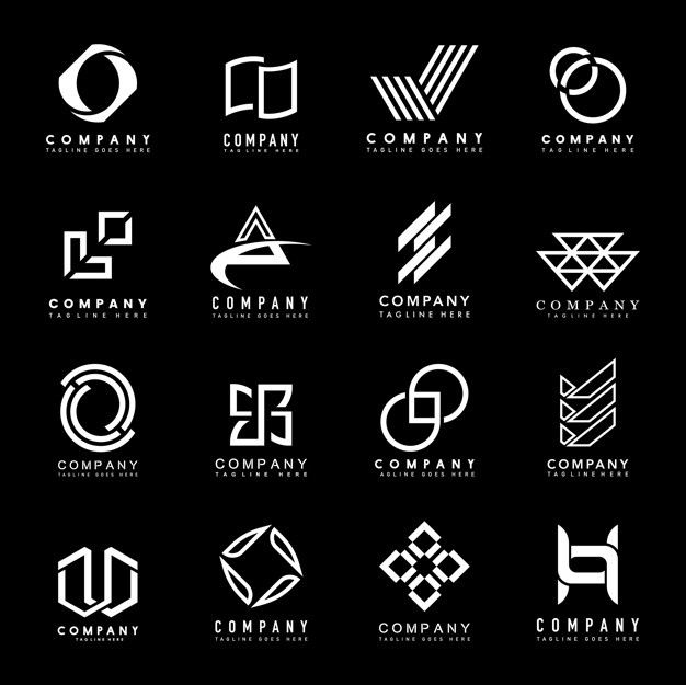 six different logos designed for company identity and logo design, all in white on black