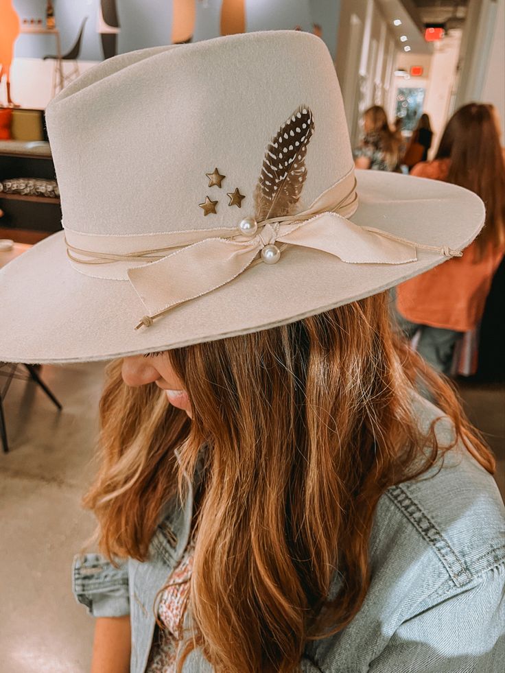 Brim&BowCo. is a mobile custom hat bar located in the Central Valley of CA. Southern Hats For Women, Cowgirl Hat Ideas Diy, Nashville Custom Hats, Customized Felt Hat, Boho Flat Brim Hat, Cowgirl Hat Custom, Personalized Cowgirl Hat, Boho Western Hat, How To Decorate Wide Brim Hat