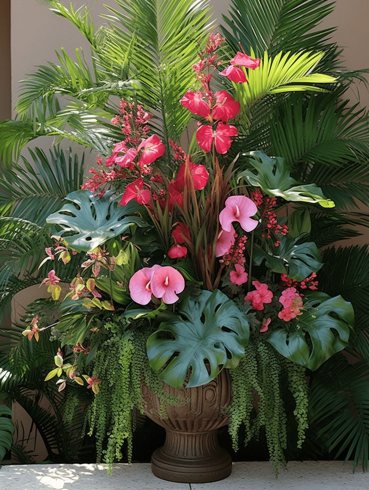 a potted plant with pink flowers and green leaves