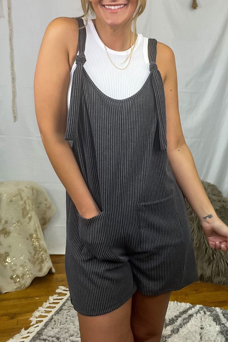 Dark Grey Striped Print Knotted Straps Pocketed Romper Shift Pattern, Casual Rompers, Romper Outfit, Printed Rompers, Black Romper, Waist Length, Rompers Women, Grey Stripes, Jumpsuits For Women